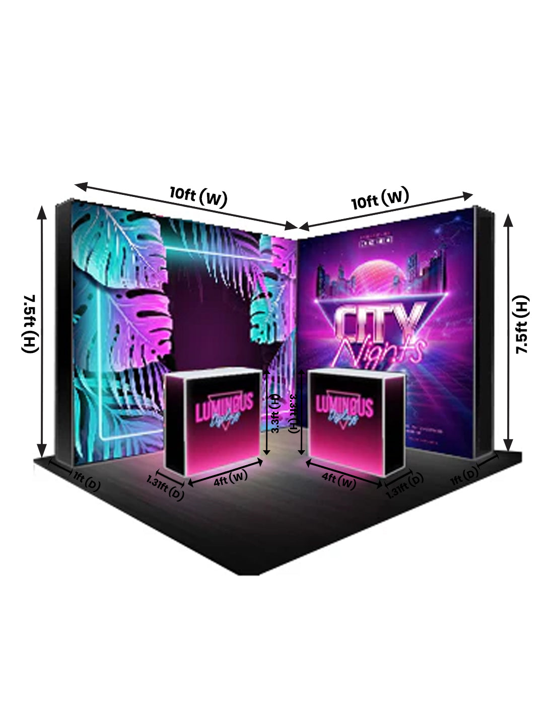 L-Shaped Illuminated Media Wall Set with Counters for 10ft x 10ft Booths.