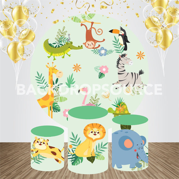 Cartoon Animals Themed Birthday Event Party Round Backdrop Kit